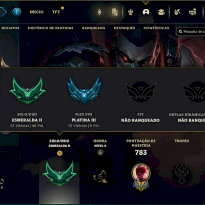 Conta LOL 576 skins Esmeralda Solo e Platina Flex