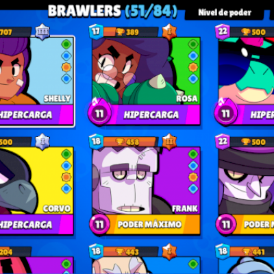 13k de troféus, 2,5k de Bling, 6 Brawlers nível 11, 4 Hipergargas, 52 Brawlers.