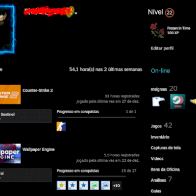 steam criada em 2019, LEVEL 30, 44jogos, molduras animadas, fundo preto.