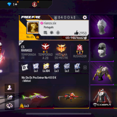 Conta ff muito antiga, diversos itens raros. Nível 65, inclui skins evolutivas. 