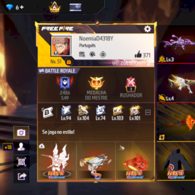 Conta gemada FF com evento Naruto parte 2 quase zerado, e várias míticas 
