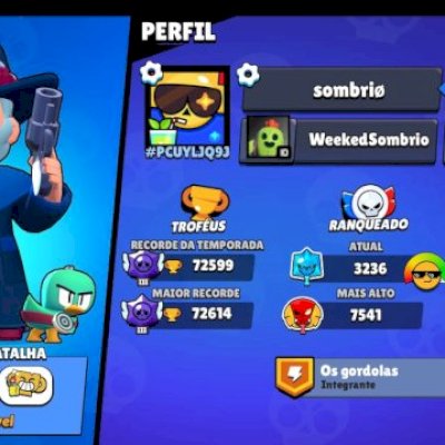 conta brawl stars, 72,500 troféus, 98 brawlers, 41 maximizados, skins raras