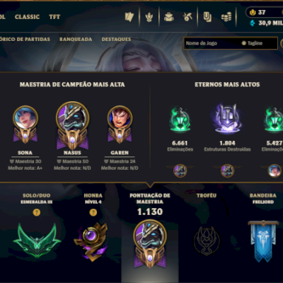 Conta de LOL = lvl 1.449 + 797skins + 7/7 ultimate + elo Esmeralda 3 ...