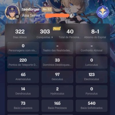 Conta AR 52 com Shogun Raiden, Tartaglia, Yae Miko, Ganyu e mais