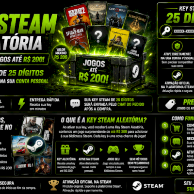 # 🎮 KEY STEAM ALEATÓRIA – JOGOS DE ATÉ R$ 300 – KEY STEAM 25 DÍGITOS 🔑