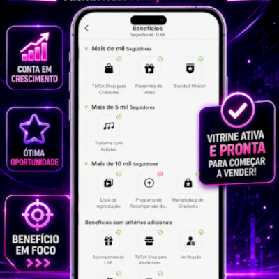 PERFIL TIKTOK SHOP + VITRINE ATIVA| 11,6k de Seguidores 100%+ Benefícios
